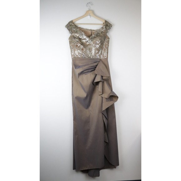 NWT Tadashi Shoji Mah Off-Shoulder Spiral Flounce Gown 8 Maxi Dress ATV19272L - Picture 2 of 11